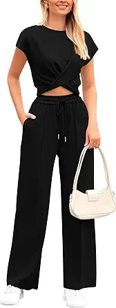 PRETTYGARDEN Womens Twist Front Crop Top And Wide Leg Pants Set