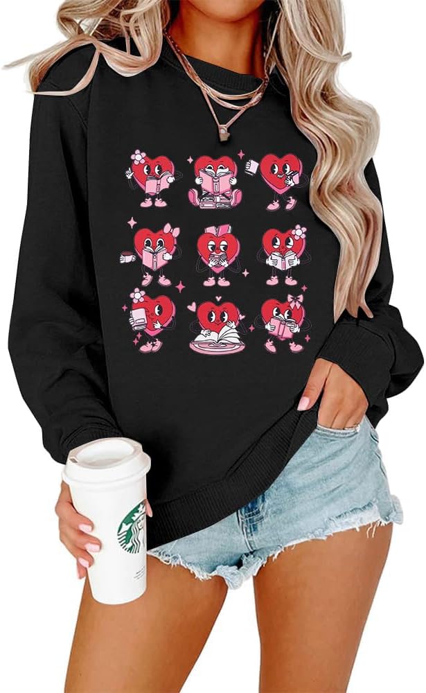 Cute Heart Graphic Book Lover Sweatshirt