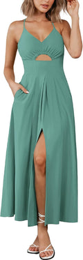 Women Spaghetti Strap Midi Dress with Cutout & Pockets - 2025