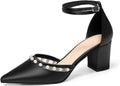 Pearl Chunky Heels Wedding Shoes for Bride - Satin Pointed Pumps