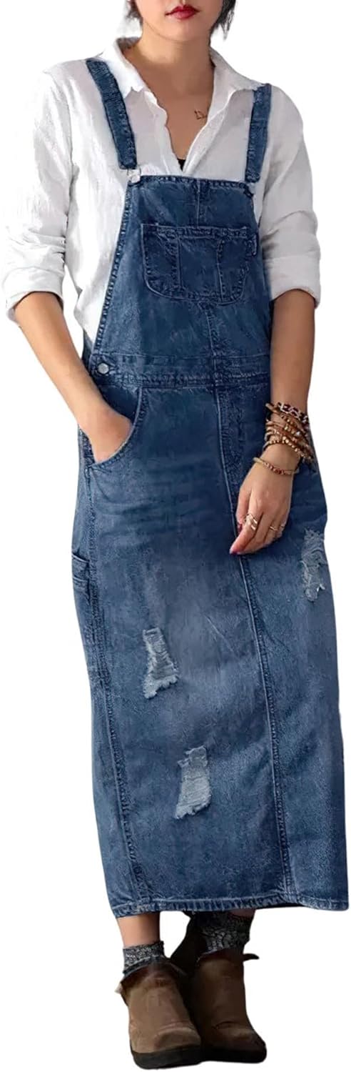 Chouyatou Women's Adjustable Strap Distressed Denim Overall Dress