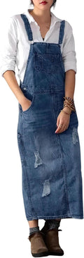 Distressed Denim Overall Dress A-Line Pinafore - Midi Split Style