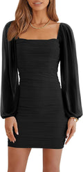 Mesh Long Sleeve Square Neck Ruched Mini Bodycon Dress (Style 8PS7)