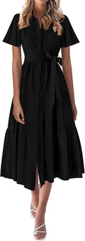 Summer Button Down Dress for Women - Flowy Tiered Maxi V Neck