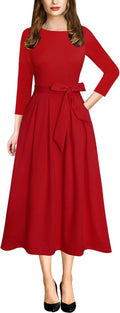 Womens Elegant Pockets Belted Pleated A-Line Midi Dress - Flattering ]