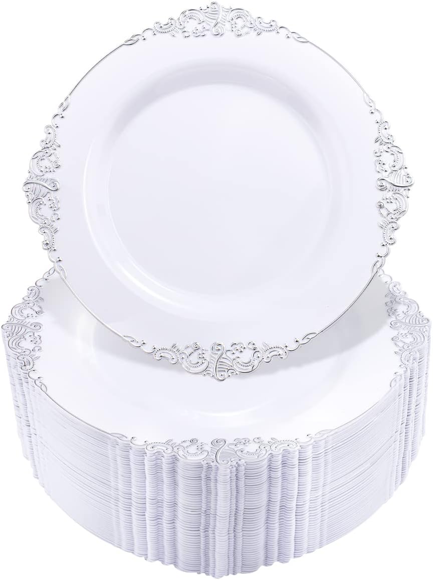 Hioasis 100pcs White Silver Plastic Plates for Elegant Parties