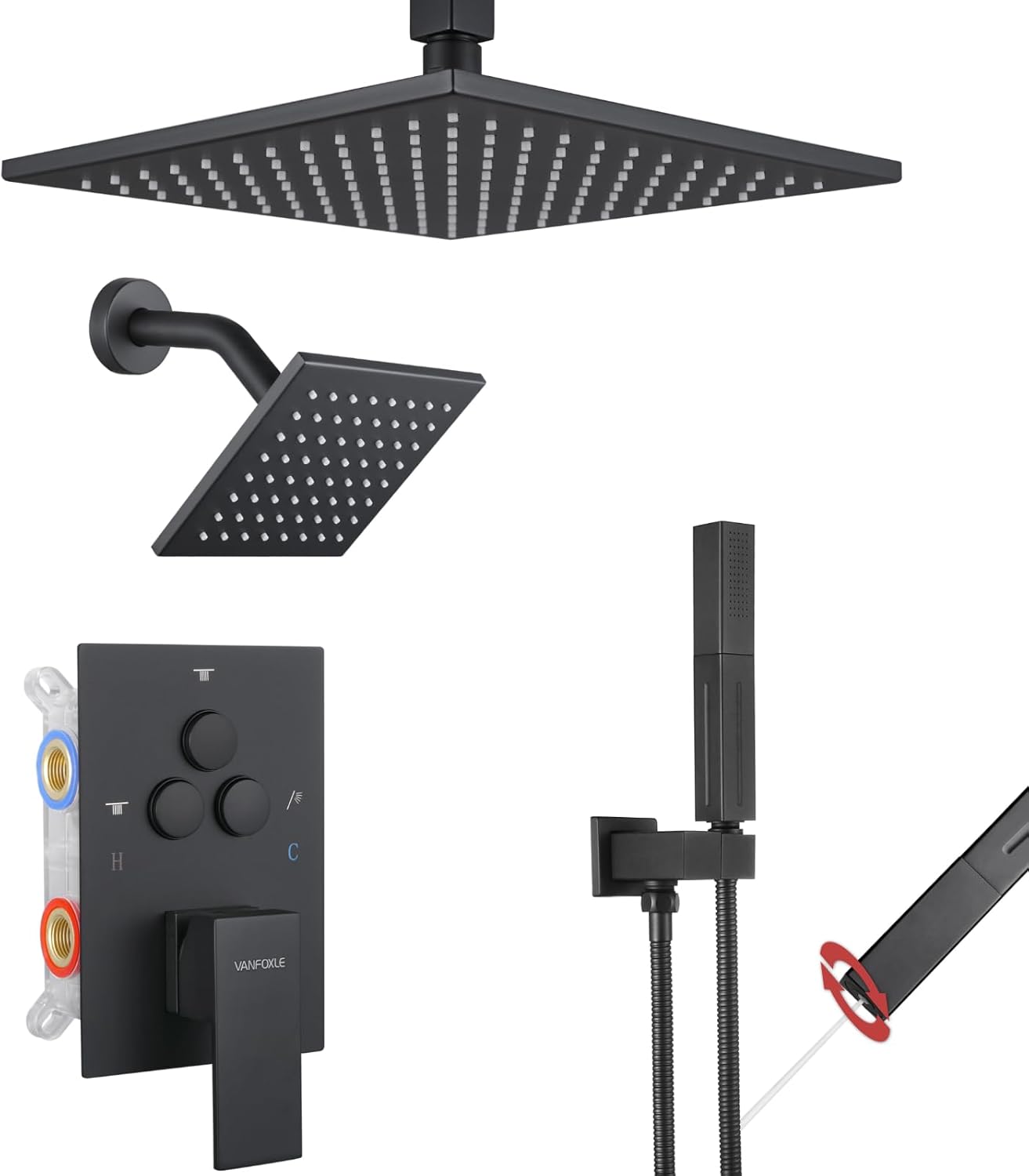 VANFOXLE Shower Faucet Set Matte Black with Push Button Diverter