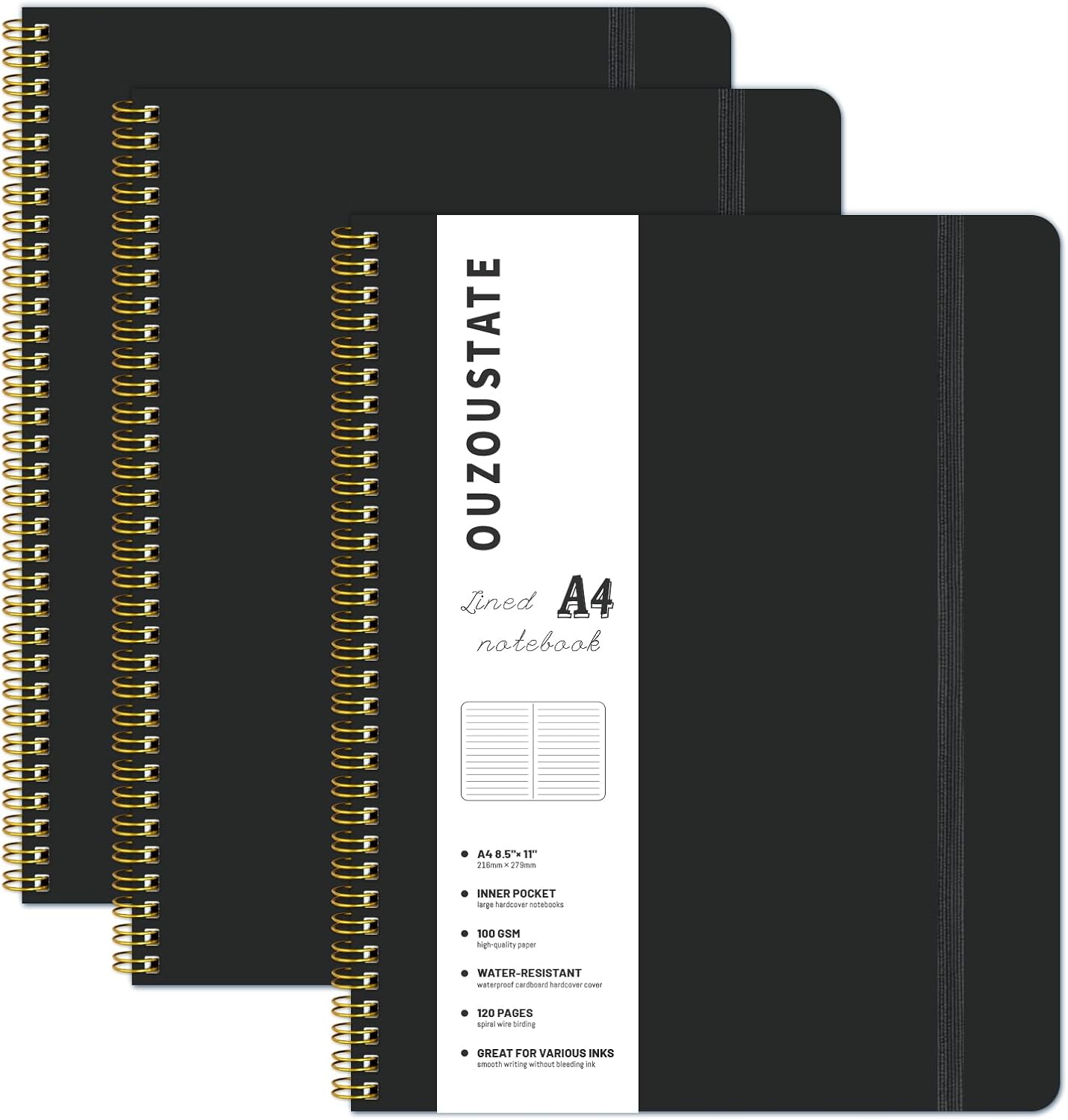 Large 120-Page 8.5x11 Spiral Notebook 100GSM for Work - Thick Black Hardcover Journal