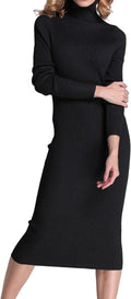 Women's Turtleneck Ribbed Elbow Long Sleeve Midi Knit Dress - Slim Fit