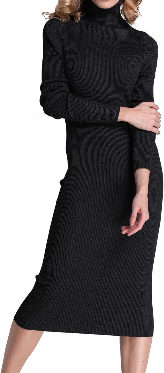 Rocorose Women's Turtleneck Ribbed Long Sleeve Sweater Dress