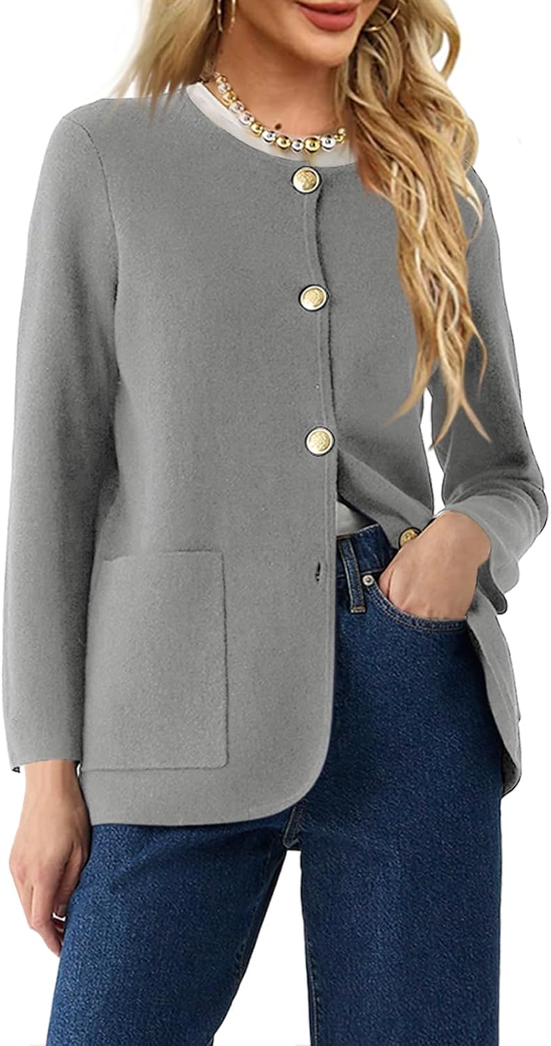 Langwyqu Womens Crew Neck Button Down Cardigan Sweater Blazer