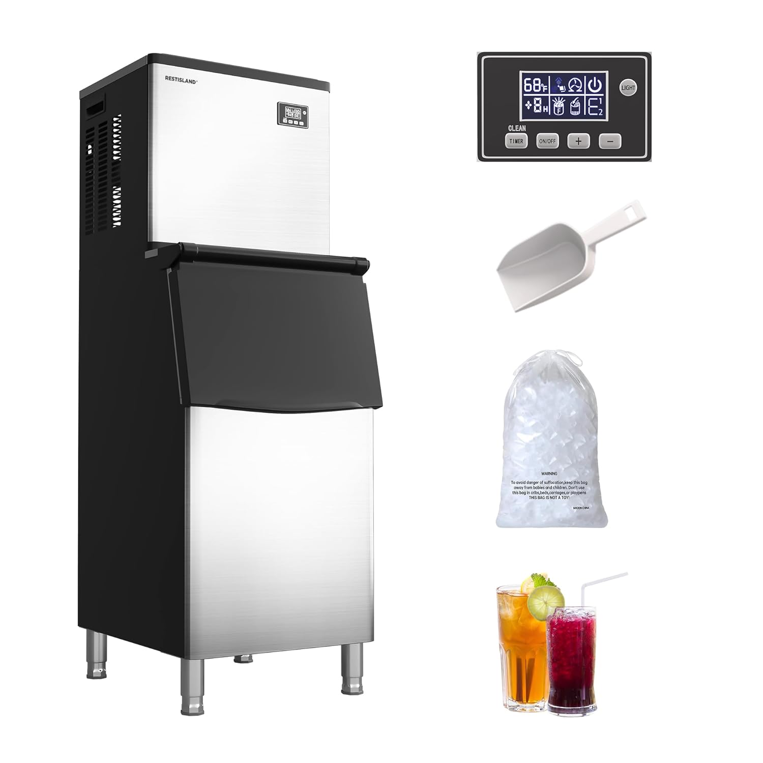 RESTISLAND Commercial Ice Maker: 360 lbs/24h, 200 lbs Storage, Blue Light, Stainless Steel