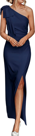 Women's One Shoulder Ruched Maxi Dress - Elegant Formal Slit