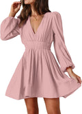 FAIABLE Mini Deep V Sexy Long Sleeve Dress - Flowy A-line Mini Women's