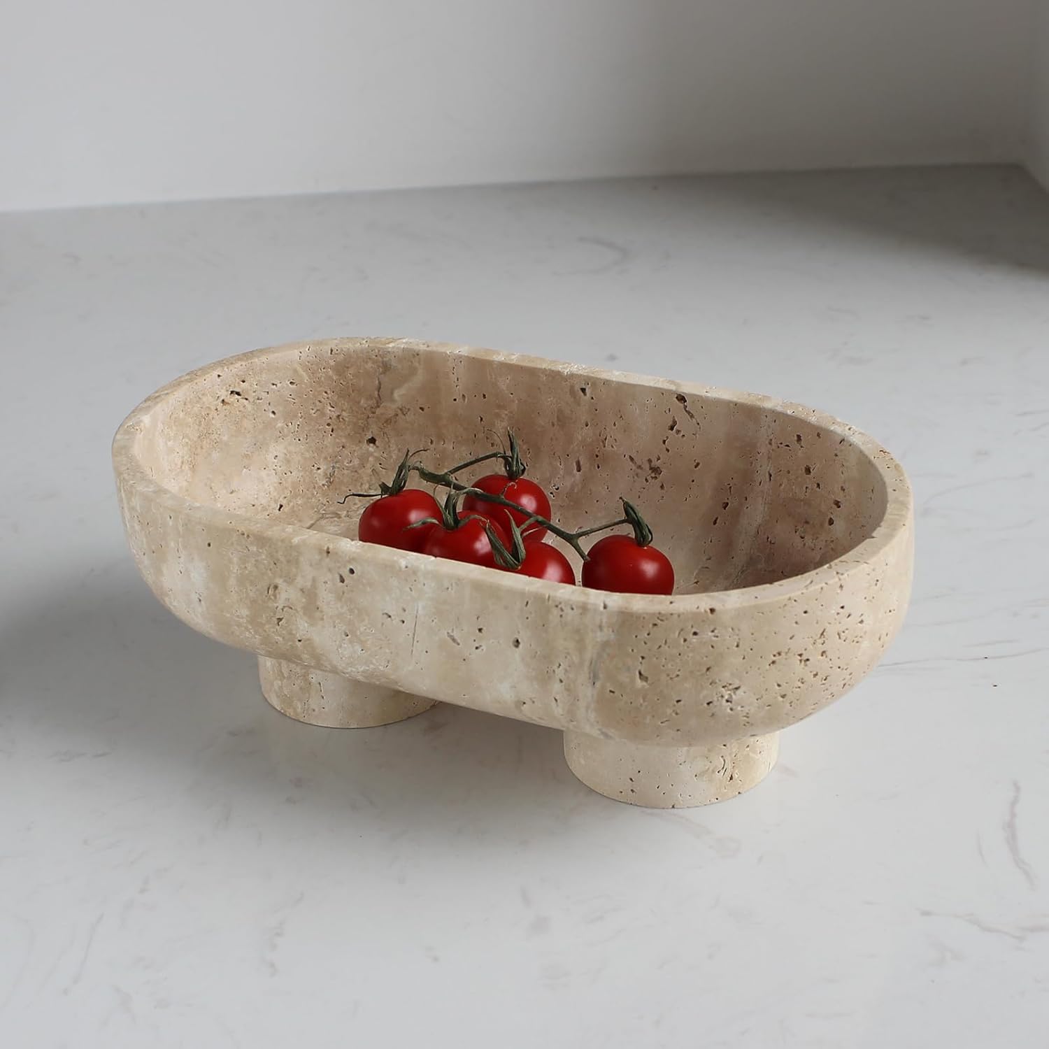 Natural Oval Travertine Fruit Bowl for Kitchen Counter Decor