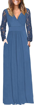 Women's Lace Sleeve Maxi Dress with Pockets for Modern Style