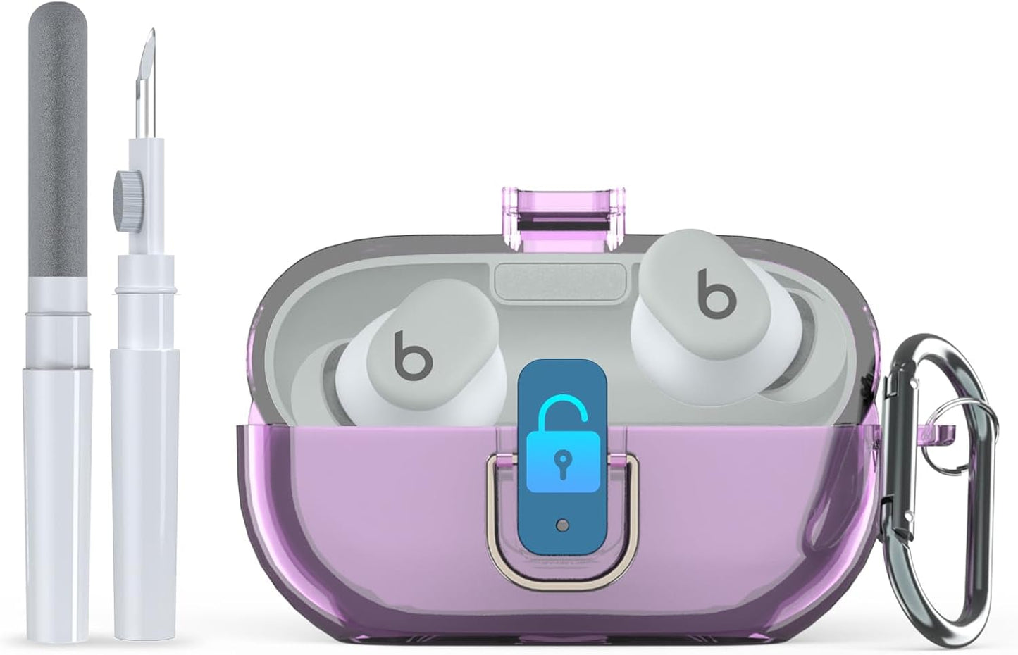 Clear Purple Shockproof Case for Beats Solo Buds 2024 + Cleaner Kit by AGENTNANO