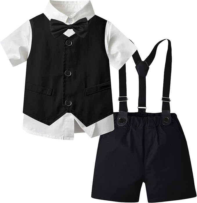 SANGTREE Baby Boys Summer Clothes with Bowtie and Suspender Shorts