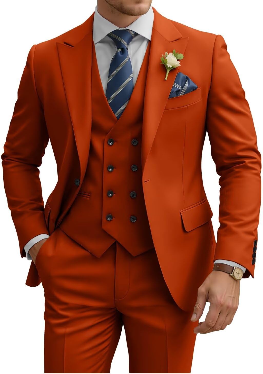 Mens Suit Rusty Orange 3 Piece Slim Fit Double Breasted Tuxedo