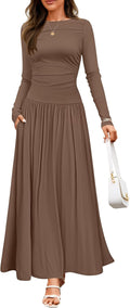 Women's Long Sleeve Fall Maxi Dress - Crewneck Knit Pleated