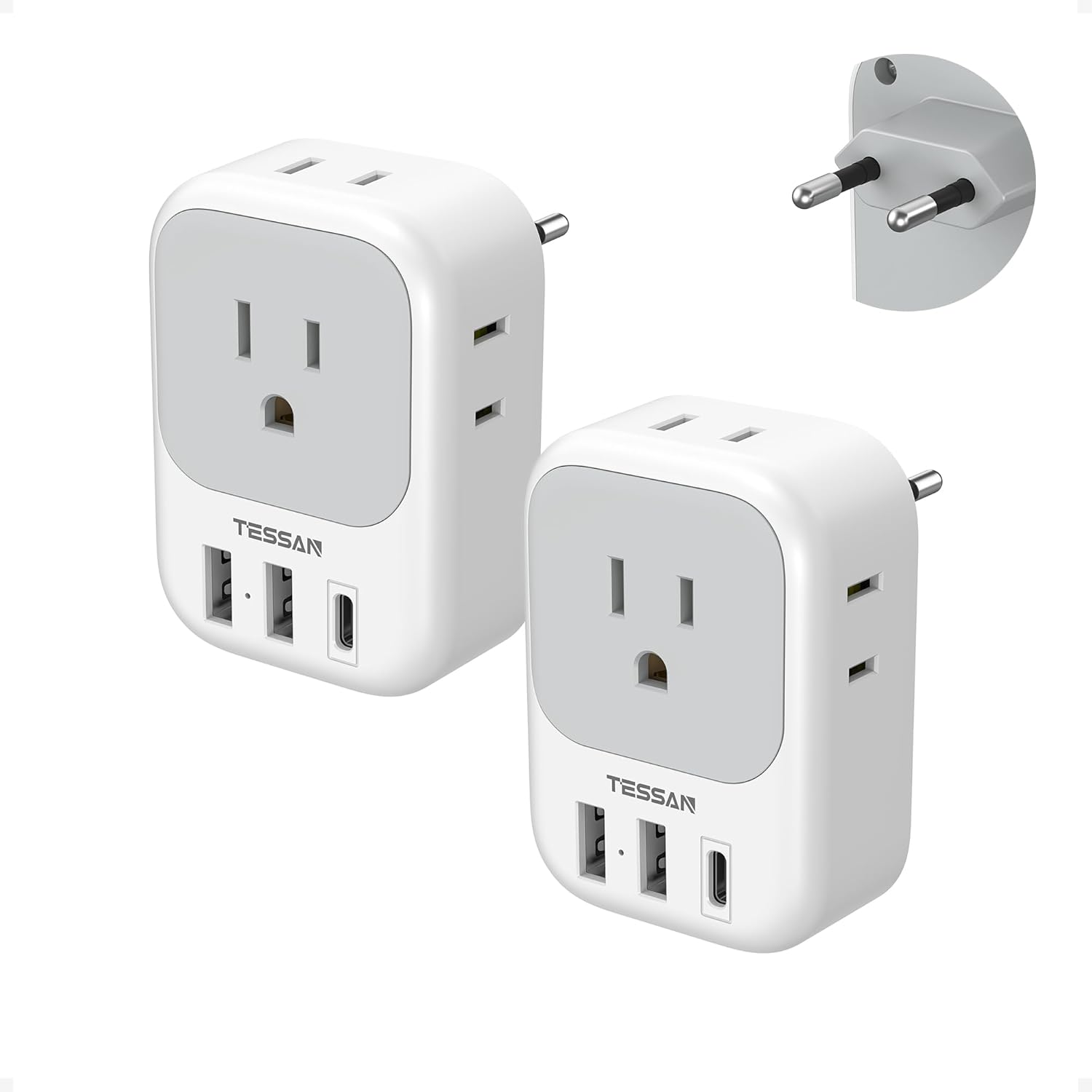 TESSAN 2-Pack European Plug Adapter with 4 Outlets & 3 USB ~ Universal Travel Adapter