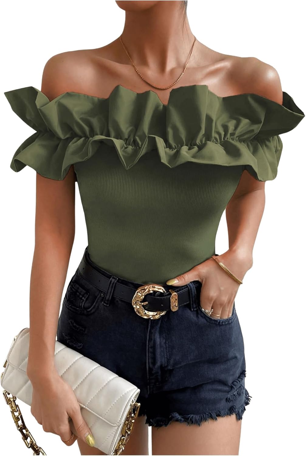 OYOANGLE Women's Ruffle Trim Off Shoulder Blouse for Parties