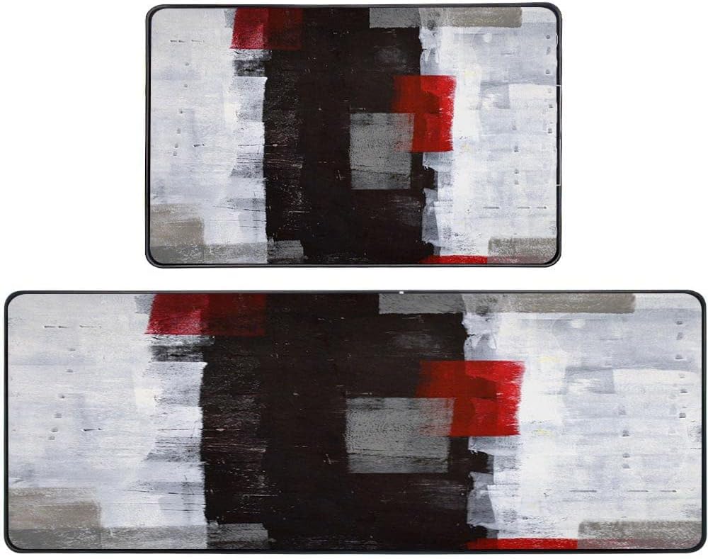 TOMWISH Red and Grey Abstract Area Rugs for Kitchen and Dining