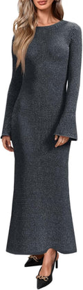 Womens Bell Long Sleeve Maxi Dress Slim Fit Crewneck - Cozy Knit