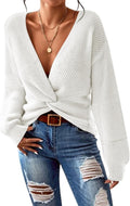 Pink Queen Women's Casual V Neck Twist Knot Cropped Sweater - Soft