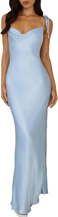 2025 Satin Cowl Neck Spaghetti Strap Slip Maxi Dress for Women - Tie