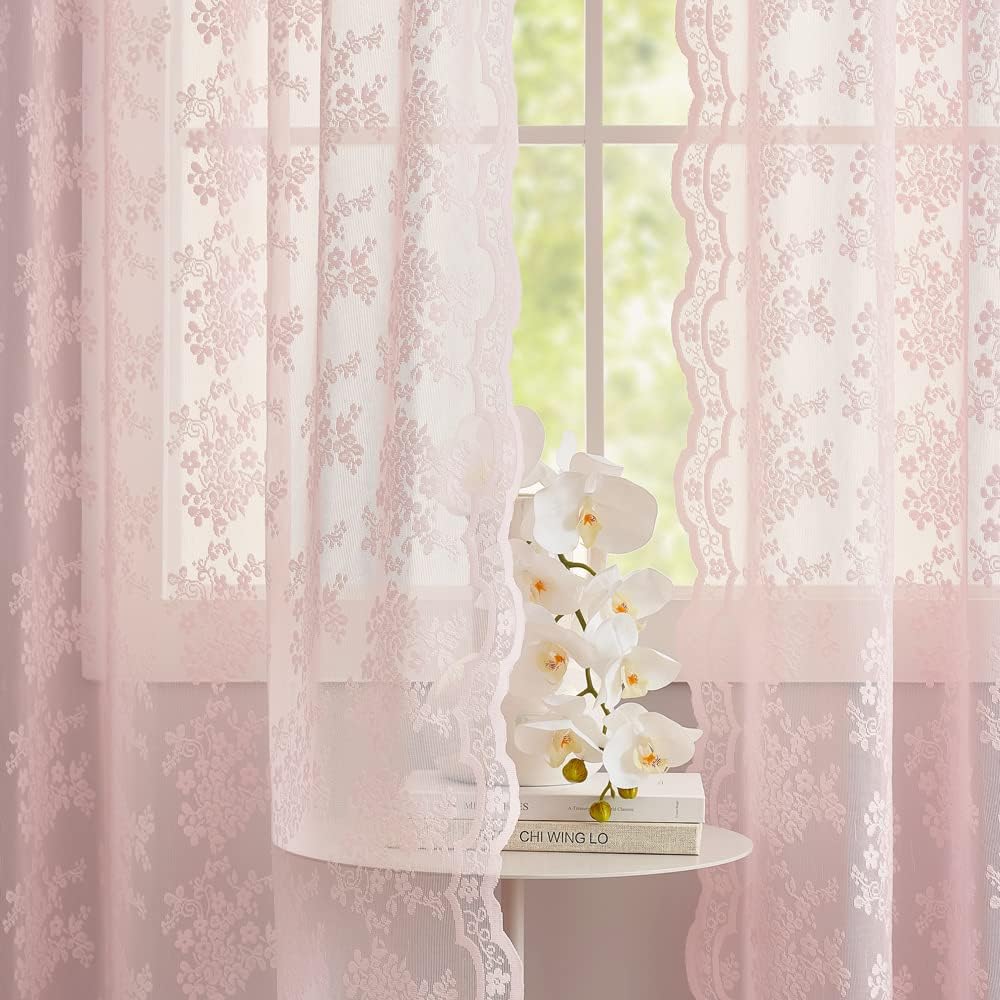 YJ YANJUN Pink Sheer Floral Lace Curtains - 84 Long - Girl's Princess Decor