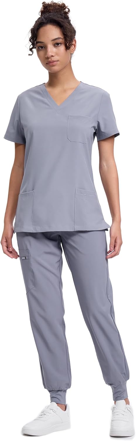 V-Neck Scrubs Top & Cargo Pants Set with 10 Pockets for Comfort