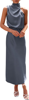 Women's Satin Mock Neck Maxi Dress - Elegant Summer Cocktail Wear
