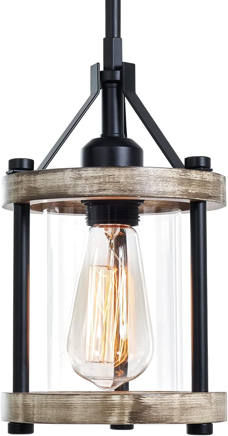 Farmhouse Pendant Light with Rustic Wood and Metal Design