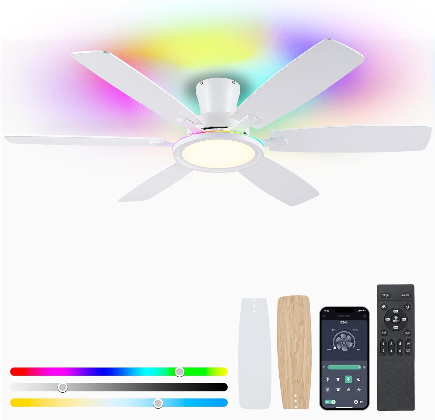 55In Flush Mount Ceiling Fan with RGB Light for Modern Spaces