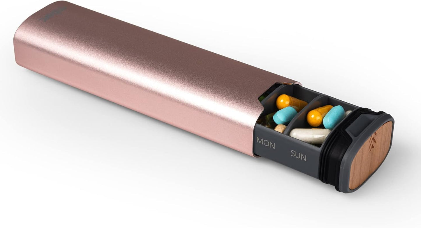 7 Day Weekly Pill Organizer - Premium Aluminum and Wood Design