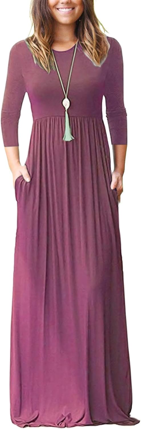 WNEEDU Women's 3/4 Sleeve Casual Maxi Dress with Pockets