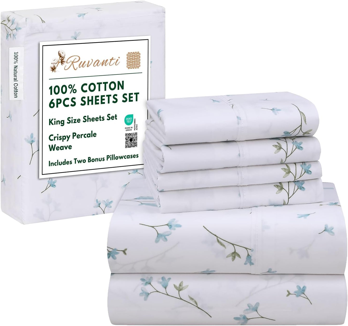RUVANTI 6 Pcs Cotton Sheets Set - Soft & Breathable King Size