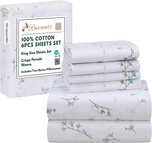 RUVANTI 6 Pcs Cotton Sheets Set - Soft & Breathable King Size