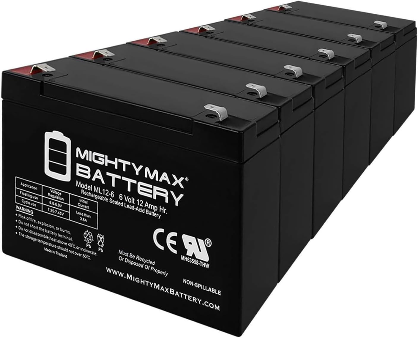 ML12-6F2 6 Volt 12 AH Rechargeable SLA AGM Battery Pack of 6