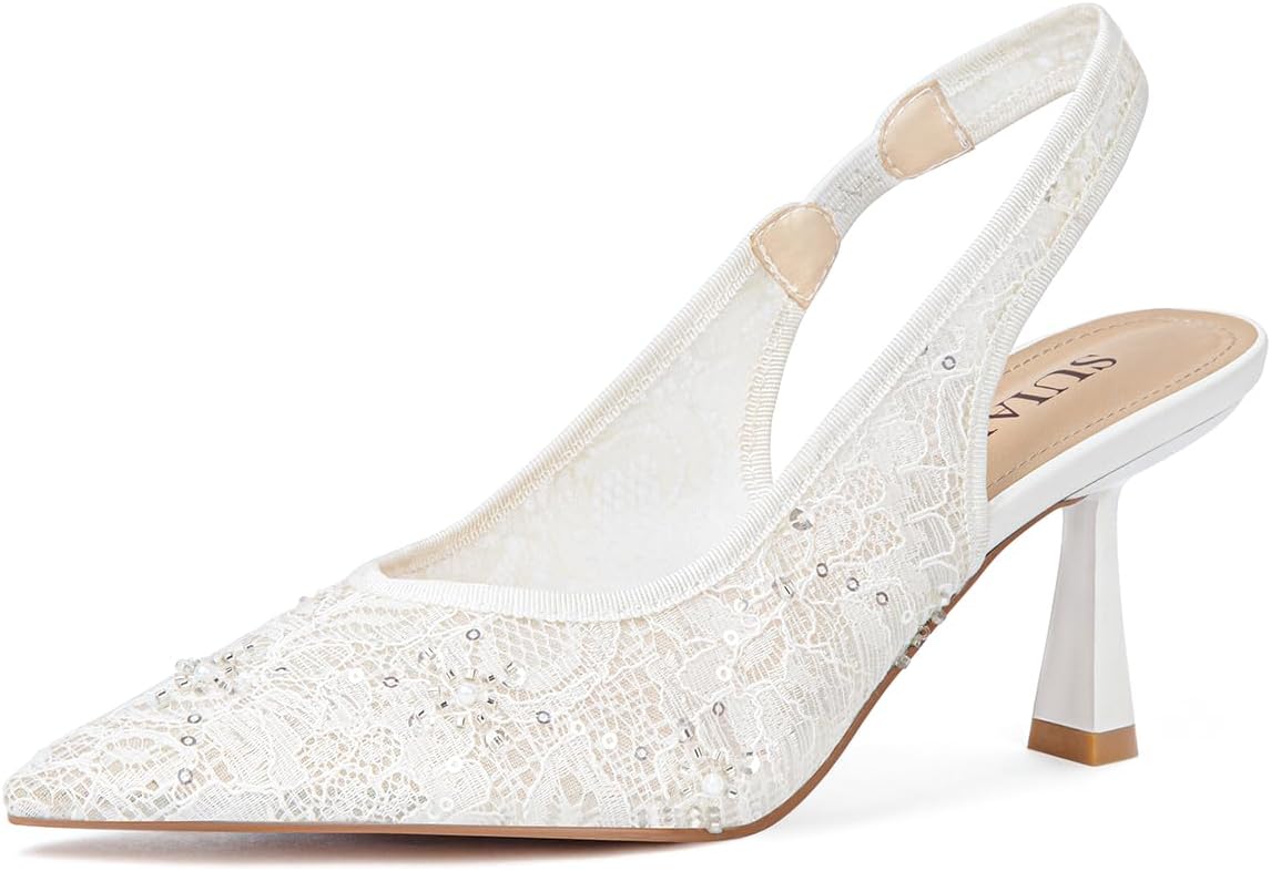 Slingback Wedding Heels for Women with Pearl Accents and Lace