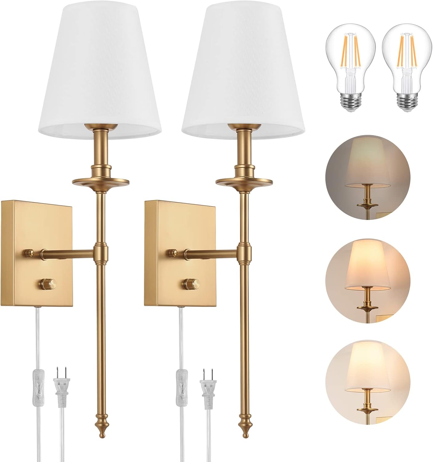Dimmable Wall Sconces Set of Two with White Fabric Shade