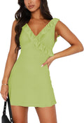 Women's V Neck Sleeveless Backless Ruffles Mini Dress - Mesh Party Fit