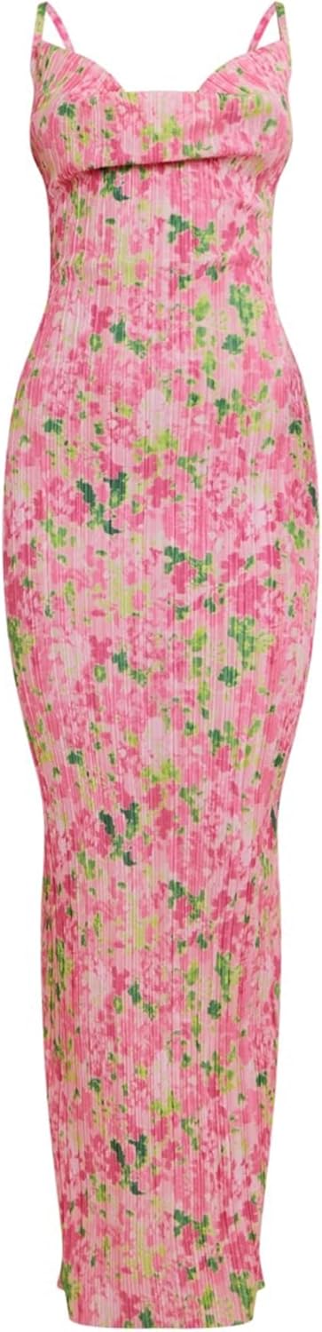 Cowl Neck Dress for Women - Sexy Strap Shoulder Pleated Maxi
