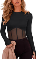 Women's Sheer Mesh Thumbhole Long Sleeve Bodysuit - Sexy Crew Neck