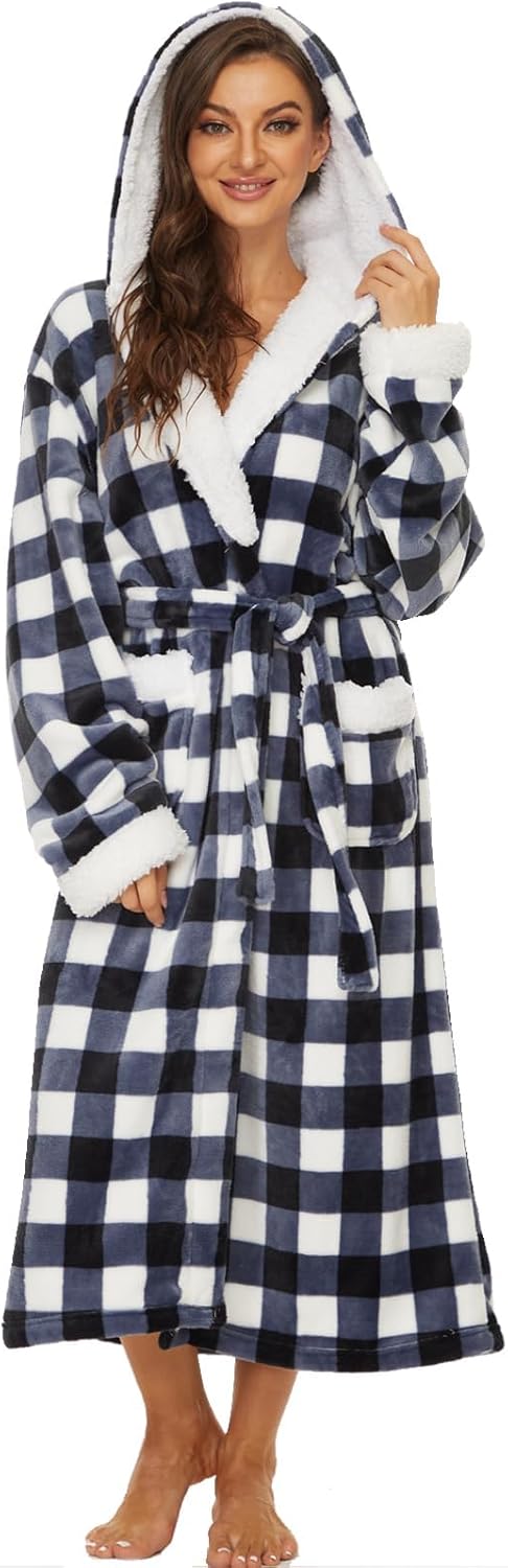 Iniber Plush Robes for Women - Cozy Fleece Hooded Bathrobe