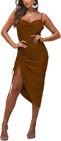 LYANER Women Satin Spaghetti Straps Cowl Neck Midi Dress