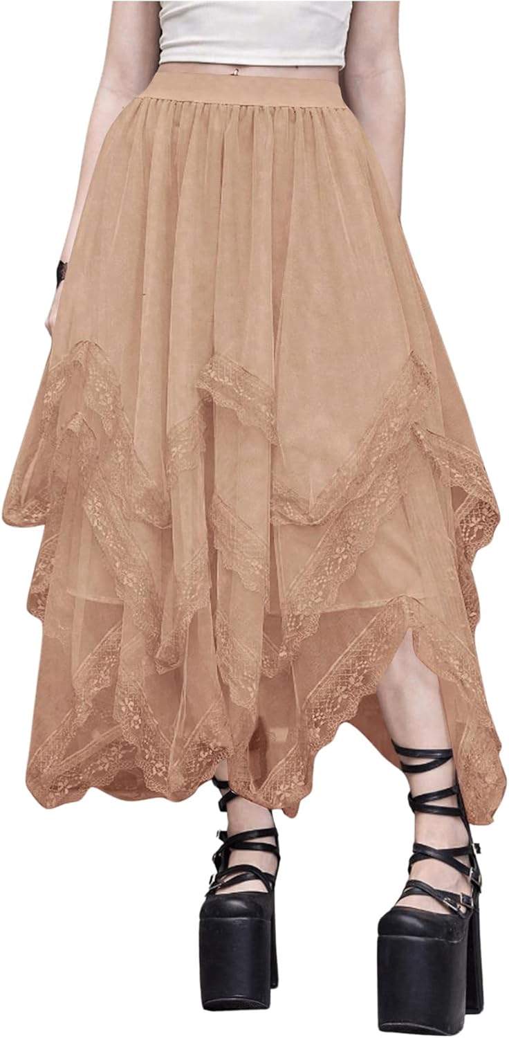 Gothic Lace Trim Layered Mesh Tulle Skirt for Women