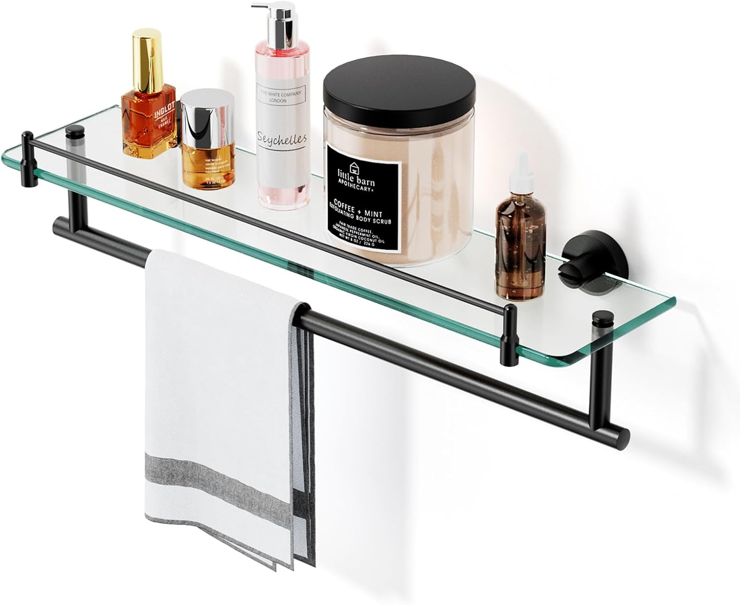 20-Inch Floating Tempered Glass Bathroom Shelf with Towel Bar