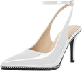 Women's White Slingback Heels Ankle Strap Pointed Toe 3.5in